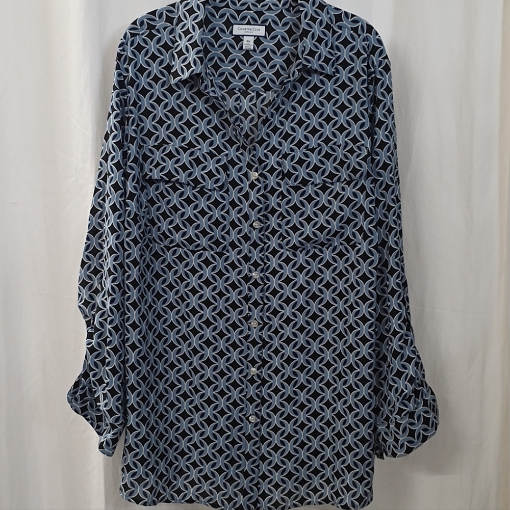 Charter Club 3X Geometric Roll Tab Button Front Georgette Tunic Top Blouse Blue